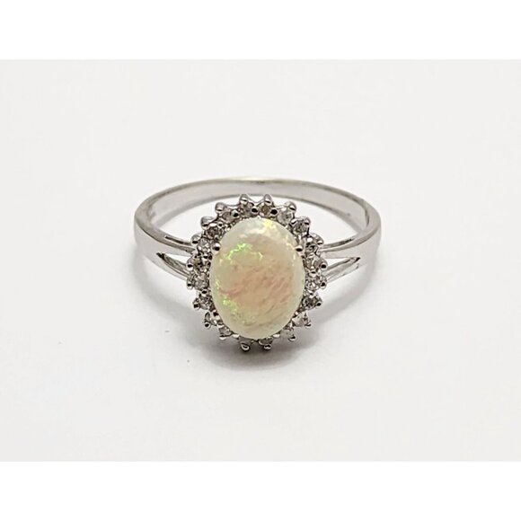 Beautiful 14K Karat Solid White Gold Designer White Opal & Diamond Ring - Size 7 - Picture 8 of 16